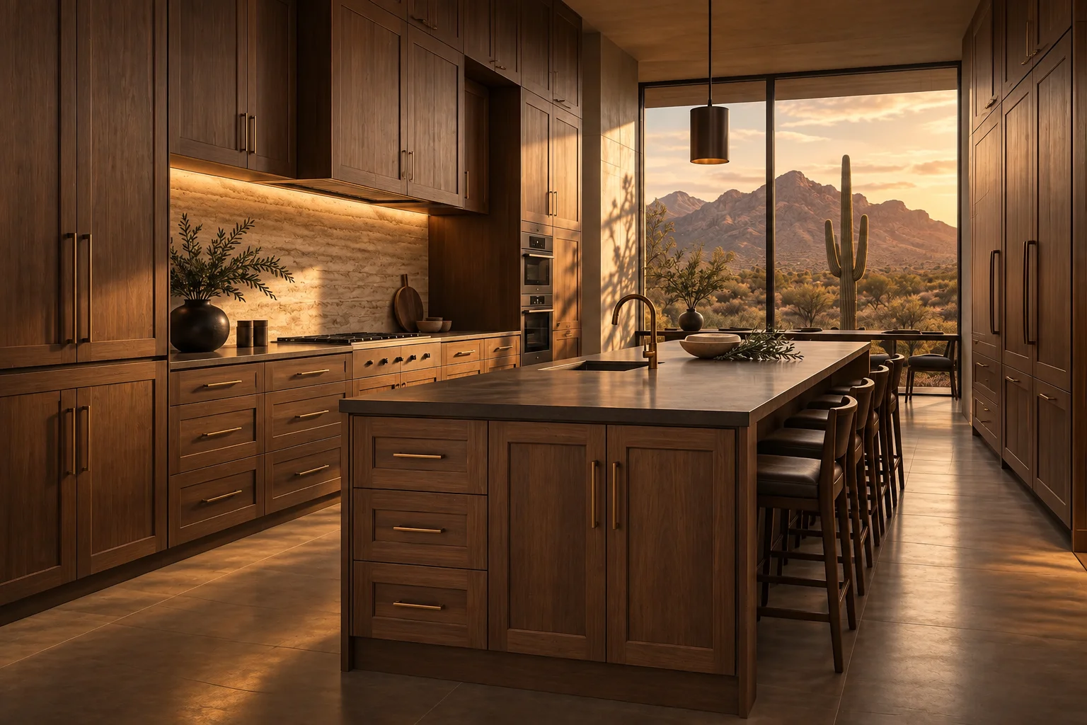 Walnut kitchen cabinetry design with deep perspective toward an Arizona cactus and mountain view